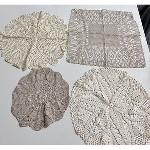 Lot of Four Vintage Crocheted Doilies Various Sizes Colors Shapes